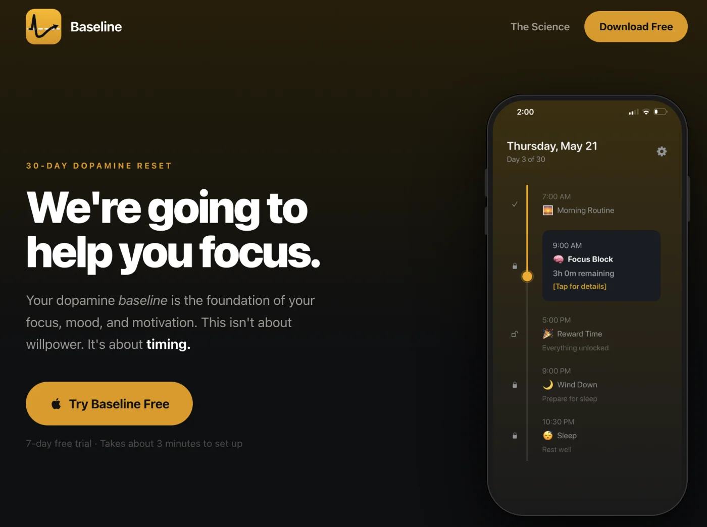 trybaselineapp.com landing page: 'We're going to help you focus' next to a phone showing the day timeline