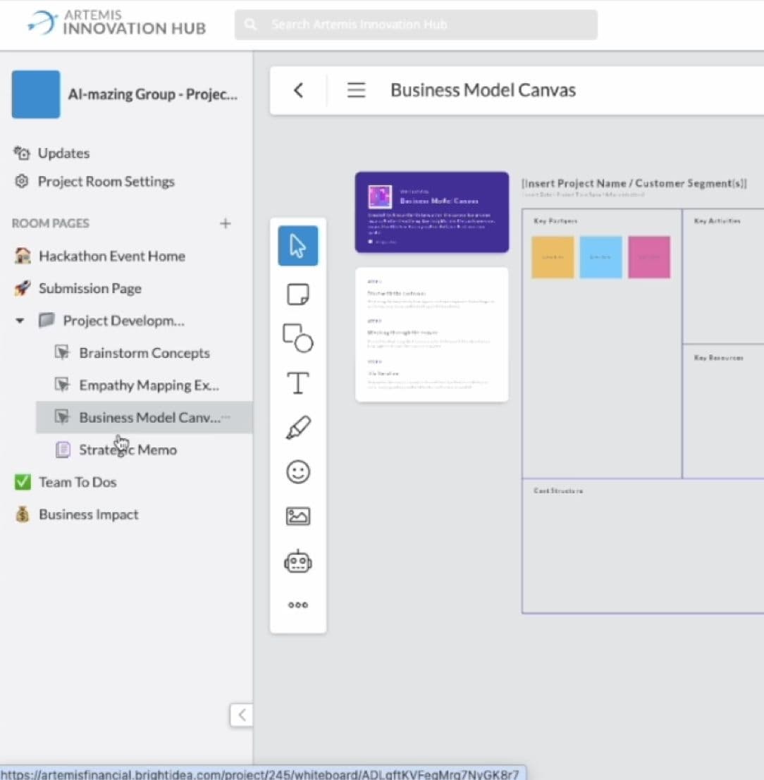 Project Room sidebar and business model canvas whiteboard in Brightidea