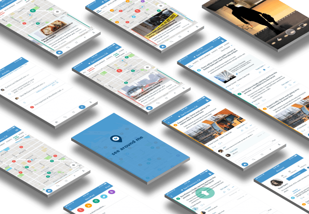 See Around Me app screens shown at an angle, after the usability-driven redesign